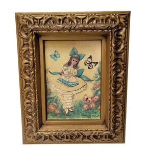 M. Hartnett Framed Print Girl Kitten Gold Ornate Frame Vintage MCM Whimsical